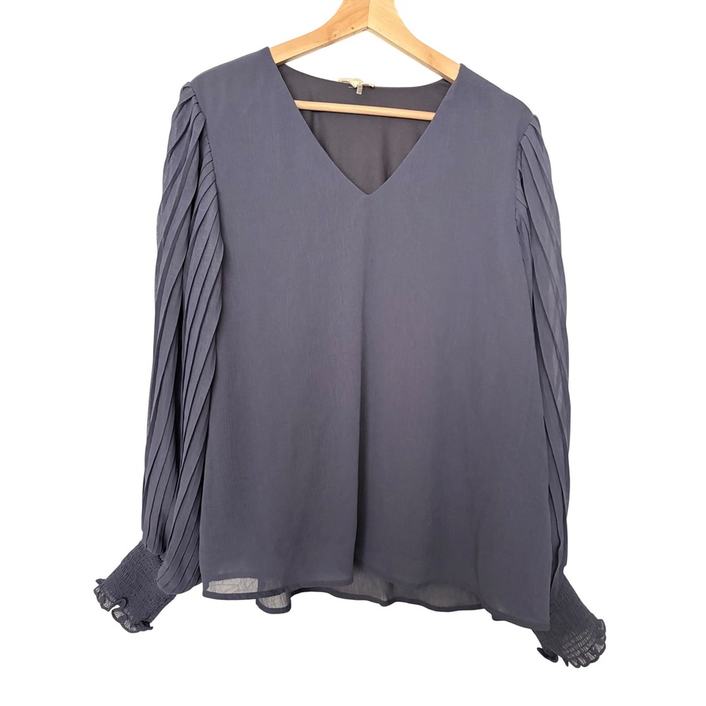 Entro Womens Pleated Peasant Bohemian Long Sleeve V-Neck Blouse Smocked Cuffs M